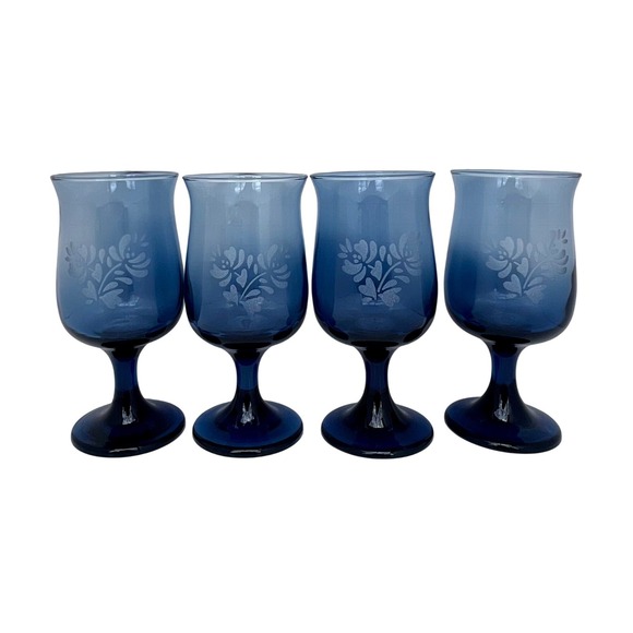 Pfaltzgraff Other - Set of 4 Pfaltzgraff Yorktowne Cobalt Blue Water Goblets - Frosted Floral - 7"